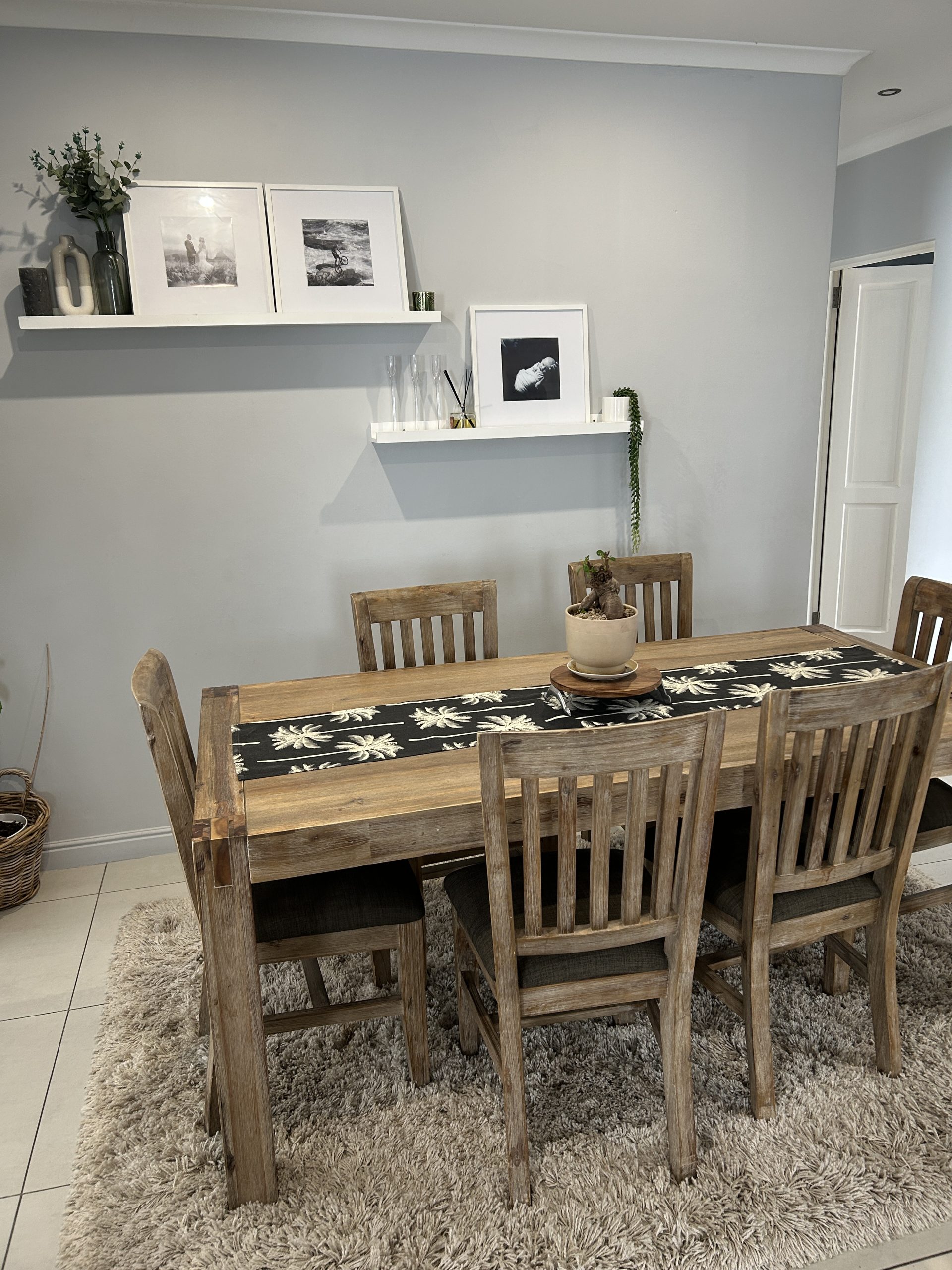 Completed grey dining room walls with crisp white cornices painted by MJK Solutions