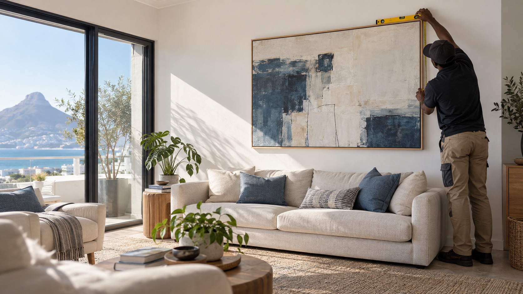 Professional picture hanging service in a Cape Town home
